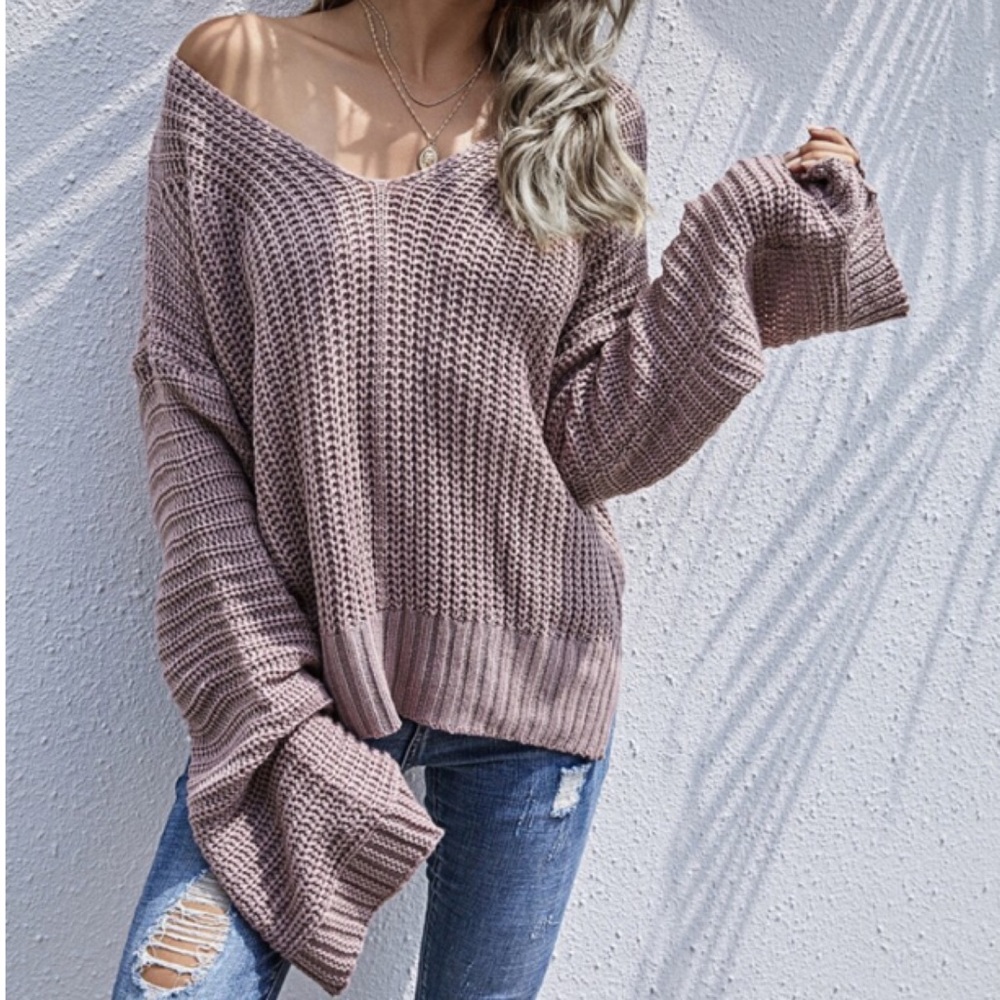 Dusty Pink Off Shoulder Oversized Knit Sweater - Picture 4 of 7